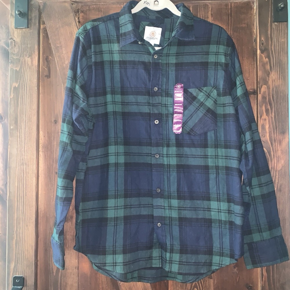 Cloudveil Flannel Shirt Mens Medium Green Plaid Button Up Casual Outdoors NWT - Picture 2 of 7